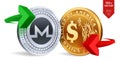Monero to dollar currency exchange. Monero. Dollar coin. Cryptocurrency. Golden and silver coins with Monero and Dollar symbol wit