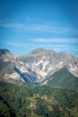 Moneta castle with Apuan Alps and Carrara marble quarries Royalty Free Stock Photo