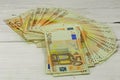 monetary currency on wooden background, Euro banknotes