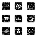 Monetary resource icons set, grunge style