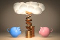 Monetization of cloud services - gold coins pour from the cloud and two different piggy banks receive dividends from investments