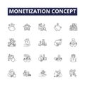 Monetization concept line vector icons and signs. Yielding, Encashing, Earning, Realizing, Gaining, Leveraging Royalty Free Stock Photo