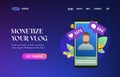 Monetize your vlog UI UX vector web template for website header, banner, slider or landing page. Vertical video with vlogger