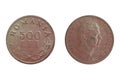500 Lei 1946 Mihai I. Coin of Romania. Obverse Right profile of King Mihai I.. Reverse Roumanie. Royalty Free Stock Photo