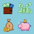 Wallet, dollar banknote, and piggy bank. saving money concept, Vector Art