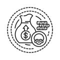 Money addiction black line icon. Physical or emotional dependence on earning, spending and having money. Pictogram for Royalty Free Stock Photo