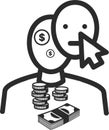 Money addiction icon, Money greedy icon, Money lover black vector icon