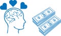 Money addiction icon, Money greedy icon, Money lover blue vector icon