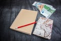 Money, Airplane ticket, map and notebook. Eurobanknotes with boarding pass, map and red pencil on black wooden background. Royalty Free Stock Photo