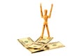 Money arrow and wooden man that go on them Royalty Free Stock Photo