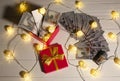 Money as a gift. Dollars with present box and lights. Christmas or birthday day. Sale concept shopping Royalty Free Stock Photo