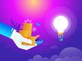 Money attraction for idea flat isometric low poly vector concept. Man is driving an air balloon that looks like