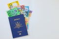 Money Australian currency dollars cash banknotes in Australian passport on a white background Royalty Free Stock Photo