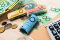 Money, Australian dollars AUD, with notebook and calculator on Royalty Free Stock Photo