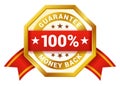 Money back guarantee golden isometric badge red ribbon vector illustration. Premium quality control