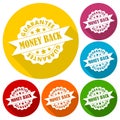 Money back guarantee icons set with long shadow