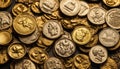 Money background Golden coin of Byzantium on the background of ancient gold coins and jewelry selective focus