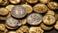 Money background Golden coin of Byzantium on the background of ancient gold coins and jewelry selective focus