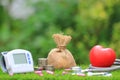 Money bag attached to the plaster with Medical tonometer for measuring blood pressure with stethoscope and red heart on natural Royalty Free Stock Photo