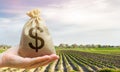 Money bag on the background of agricultural crops in the hand of the farmer. Agricultural startups. Profit from agribusiness. Royalty Free Stock Photo