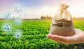 Money bag on the background of agricultural crops in the hand of the farmer. Agricultural startups. Profit from agribusiness.