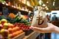 Money bag on the background of a grocery store counter with fresh organic vegetables and fruits. Concept of cost of goods and food