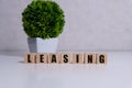 Money bag and blocks with the word Leasing. A lease is a contractual arrangement calling for the lessee to pay the Royalty Free Stock Photo