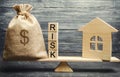 Money bag, blocks with the word Risk and a wooden house on the scales. The concept of losing money when investing in real estate.