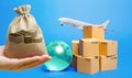 Money bag, blue globe, cardboard boxes and freight airplane. International world trade. Deliver goods, shipping. Import export