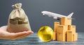 Money bag, boxes with globe and freight plane. International delivery of goods and products. Logistics, infrastructure hubs.