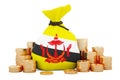 Money bag with Bruneian flag and golden coins around, 3D rendering