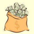 Money bag with bunches of dollars, cartoon style, isolated vector illustration