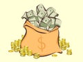 Money bag with bunches of dollars and coins stacks beside, cartoon style, isolated illustration