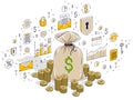 Money bag with cash money dollar stacks and coins piles isolated Royalty Free Stock Photo