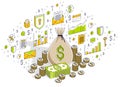 Money bag with cash money dollar stacks and coins piles isolated Royalty Free Stock Photo