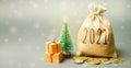 Money bag 2021, Christmas tree, and gifts. New Year or Xmas winter holiday. Accumulating money and planning a budget. Business and