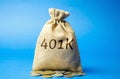 Money bag with coins 401k. Private pension plan. Tax-qualified. Business and finance concept. Retirement Plan. Savings, save