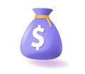 Money bag 3d dollar icon vector graphic, moneybag cash sack purple render cartoon illustration image clipart isolated, currency