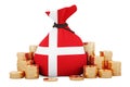 Money bag with Danish flag and golden coins around, 3D rendering Royalty Free Stock Photo