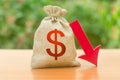 Money bag with dollar symbol and red arrow down. Reduced tax revenues, economic difficulties, departure of capital, investors. Royalty Free Stock Photo