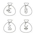 Money bag with dollars, euros, yen, pounds in a line style. Vector image, isolated on white background Royalty Free Stock Photo