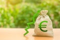 Money Bag With Euro Symbol And Green Up Arrow. Increase Profits And Wealth. Growth Of Wages. Favorable Conditions For Business
