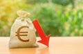 Money bag with Euro symbol and red arrow down. Reduced profits and liquidity of investments. Reduced tax revenues, economic