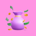 Money bag with falling gold coins and green currency in cartoon style. 3d realistic money object for poster or banner. Vector