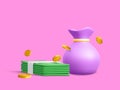 Money bag with falling gold coins and green currency stack in cartoon style. 3d realistic money object for poster or banner.