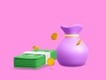 Money bag with falling gold coins and green currency stack in cartoon style. 3d realistic money object for poster or banner.