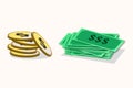 Money bag flat illustration. Dollars and gold coins stack. Wealth and banking icon. Isolated on white