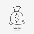 Money bag flat line icon. Wealth vector illustration. Thin sign of moneybag, treasure pictogram