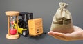 Money bag, forklift with boxes and hourglass. Urgent delivery of medicines and medical protective masks. Supply hospitals and