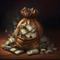 Money bag full of dollars on a wooden table. 3d illustration